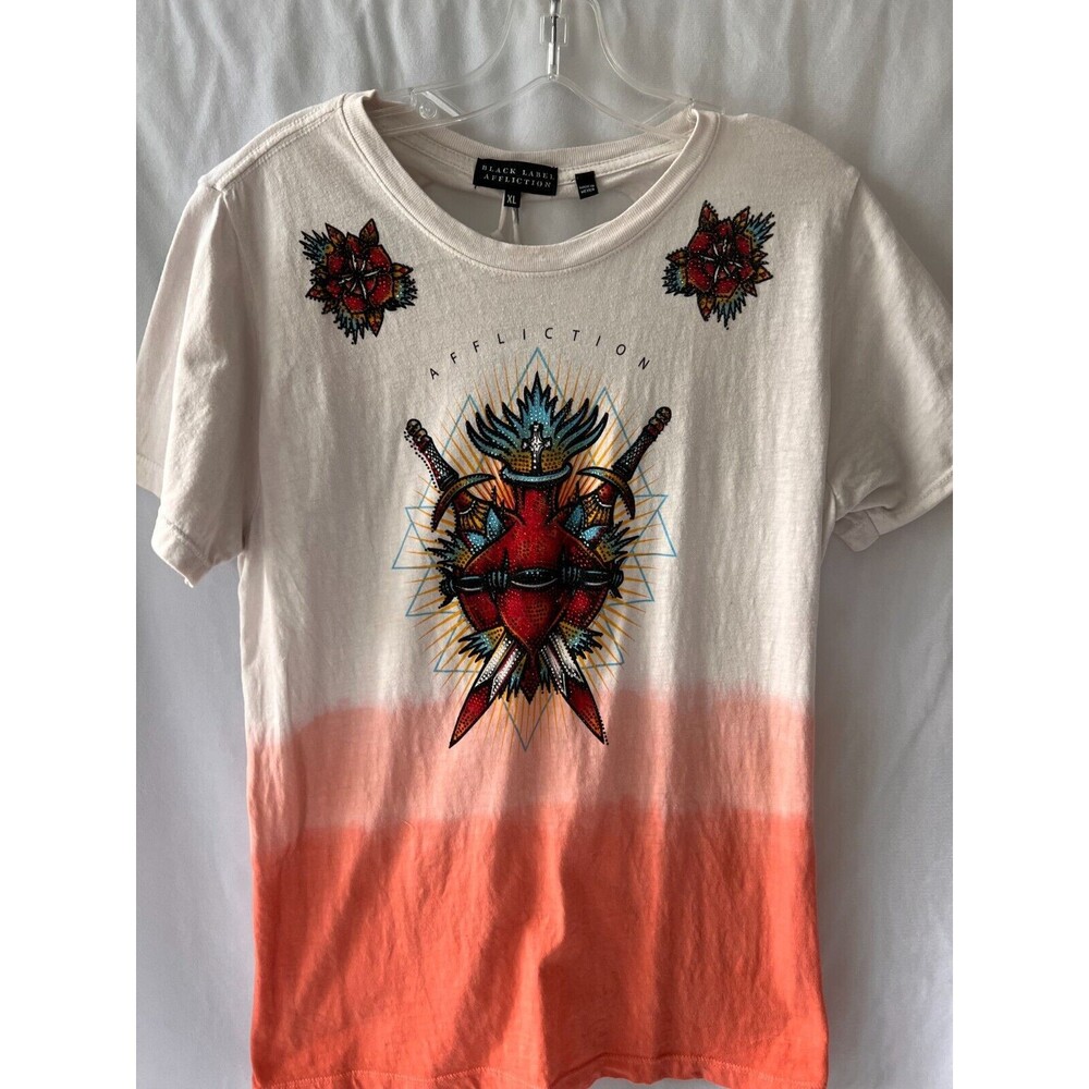 Affliction T-Shirt Sacred Oath Biker Tattoo color block peach  XL - Picture 2 of 12